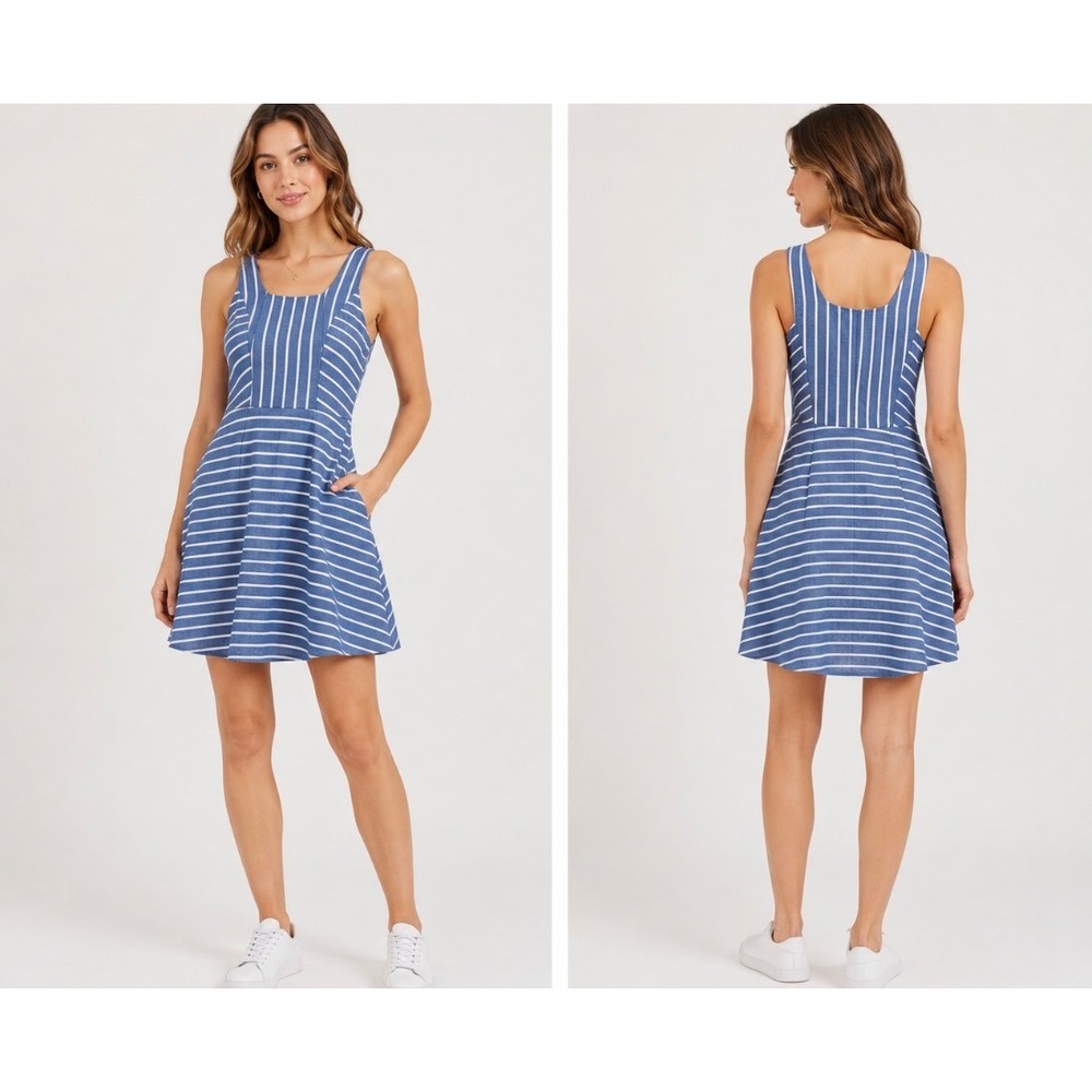 Vineyard Vines Fit & Flare Mini Dress Womens Sz 2 Blue White Striped Sleeveless - Picture 1 of 5
